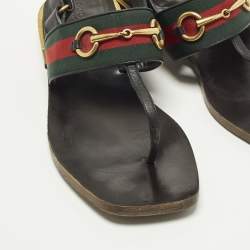 Pre Owned Gucci GG Web Size 40 Black Leather Horse bit Thong  Slingback Flat Sandals
