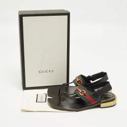 Pre Owned Gucci GG Web Size 40 Black Leather Horse bit Thong  Slingback Flat Sandals