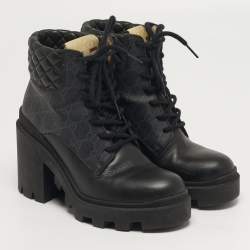 Pre Owned حذاء بوت كاحل غوتشي تريب جلد أسود مزخرف لؤلؤ صناعي مقاس 39