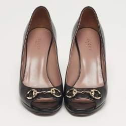 Pre Owned Gucci Horsebit Size 38 Black Leather Peep Toe Pumps