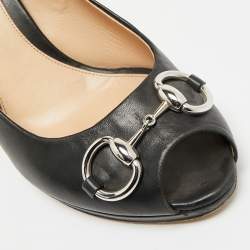 مملوكة مسبقًا حذاء كعب عالي غوتشي نعل سمك مقدمة مفتوحة هورسبيت جلد غوتشيسيما أسود مقاس 39