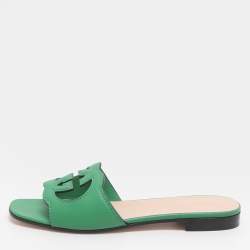 Pre Owned Gucci Interlocking GG Cutout Size 39 Green Leather Flat Sandals