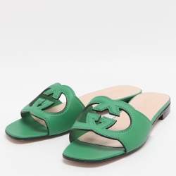 Pre Owned Gucci Interlocking GG Cutout Size 39 Green Leather Flat Sandals