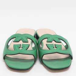 Pre Owned Gucci Interlocking GG Cutout Size 39 Green Leather Flat Sandals