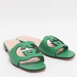 Pre Owned Gucci Interlocking GG Cutout Size 39 Green Leather Flat Sandals