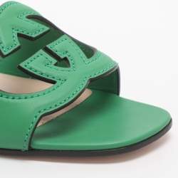 Pre Owned Gucci Interlocking GG Cutout Size 39 Green Leather Flat Sandals