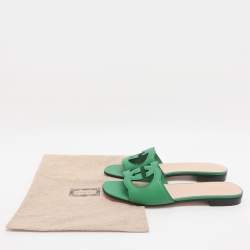 Pre Owned Gucci Interlocking GG Cutout Size 39 Green Leather Flat Sandals