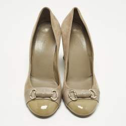 Pre Owned Gucci Horsebit Size 38.5 Grey Patent Leather and Suede Wedge Pumps