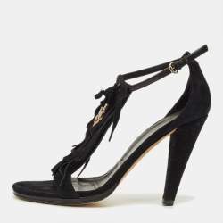 Pre Owned صندل إصبع غوتشي مزين شراشيب و فيونكة بفتحة كعب سويدي بني مقاس 39.5