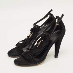 Pre Owned صندل إصبع غوتشي مزين شراشيب و فيونكة بفتحة كعب سويدي بني مقاس 39.5