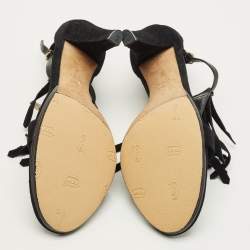 Pre Owned صندل إصبع غوتشي مزين شراشيب و فيونكة بفتحة كعب سويدي بني مقاس 39.5