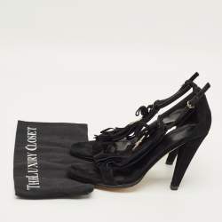 Pre Owned صندل إصبع غوتشي مزين شراشيب و فيونكة بفتحة كعب سويدي بني مقاس 39.5