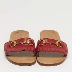 Pre Owned Gucci Horsebit Size 38 Red Leather Flat Slide
