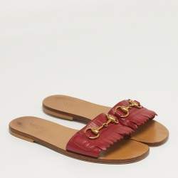 Pre Owned Gucci Horsebit Size 38 Red Leather Flat Slide