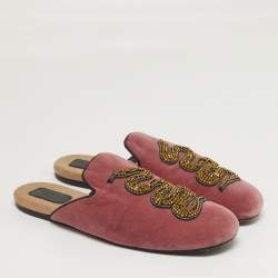 Pre Owned Gucci Lawrence Size 40.5 Pink Velvet Crystal Embellished Flat Mules