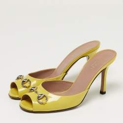 Pre Owned Gucci Horsebit Size 36 Yellow Patent Leather Slide Sandals