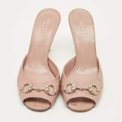 Pre Owned Gucci Horsebit Size 37 Pink Leather Guccissima Slide Sandals