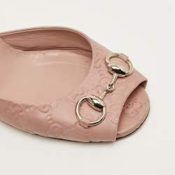 Pre Owned Gucci Horsebit Size 37 Pink Leather Guccissima Slide Sandals