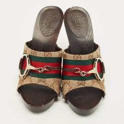 Pre Owned Gucci Horsebit Size 37.5 Beige Canvas Platform Sandals