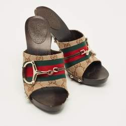 Pre Owned Gucci Horsebit Size 37.5 Beige Canvas Platform Sandals