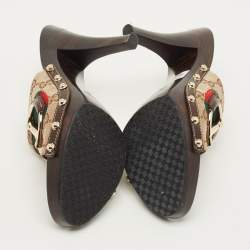 Pre Owned Gucci Horsebit Size 37.5 Beige Canvas Platform Sandals