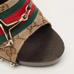 Pre Owned Gucci Horsebit Size 37.5 Beige Canvas Platform Sandals