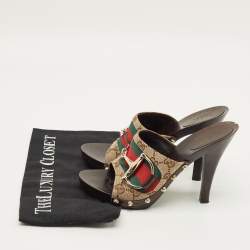 Pre Owned Gucci Horsebit Size 37.5 Beige Canvas Platform Sandals