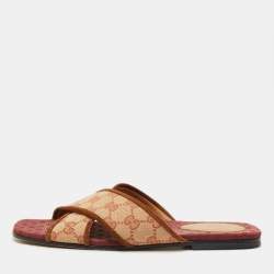 مملوكة مسبقًا Gucci GG Size 38 Beige/Brown Canvas and Suede Criss Cross  Flat Slide