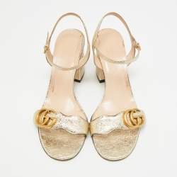 Pre Owned Gucci GG Marmont Size 38 Gold Foil Leather Ankle Strap Block Heel Sandals
