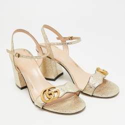 Pre Owned Gucci GG Marmont Size 38 Gold Foil Leather Ankle Strap Block Heel Sandals