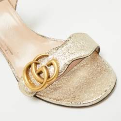 Pre Owned Gucci GG Marmont Size 38 Gold Foil Leather Ankle Strap Block Heel Sandals