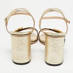 Pre Owned Gucci GG Marmont Size 38 Gold Foil Leather Ankle Strap Block Heel Sandals