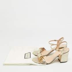 Pre Owned Gucci GG Marmont Size 38 Gold Foil Leather Ankle Strap Block Heel Sandals