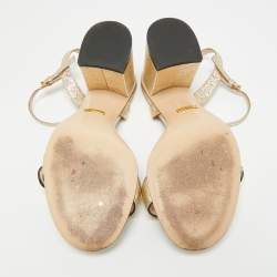 Pre Owned Gucci GG Marmont Size 38 Gold Foil Leather Ankle Strap Block Heel Sandals