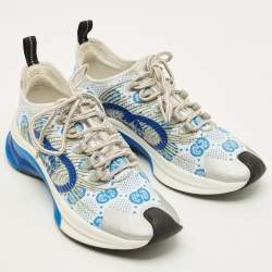 Pre Owned حذاء رياضي غوتش ي ران قماش محبوك أبيض/أزرق بعنق منخفض مقاس 38.5