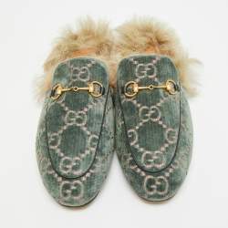 مملوكة مسبقًا Gucci Princetown Size 39.5 Green Fur and Leather Mules