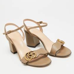 Pre Owned Gucci GG Marmont Size 35.5 Beige Leather Ankle Strap Sandals
