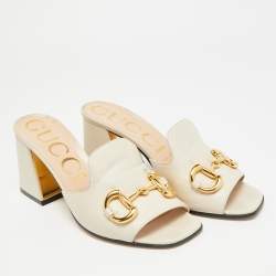 مملوكة مسبقًا Gucci Horsebit Size 37.5 Cream Leather Block Heel Slide Sandals