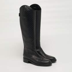 Pre Owned حذاء بوت غووتشي جلد أسود بحلية للركبة مقاس 35