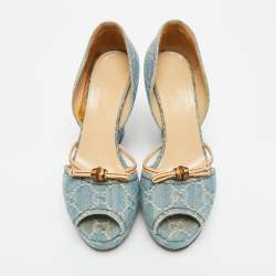 Pre Owned Gucci GG Size 38.5 Blue Bamboo Peep Toe Wedge Pumps