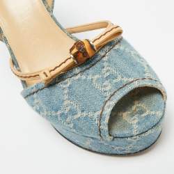 Pre Owned Gucci GG Size 38.5 Blue Bamboo Peep Toe Wedge Pumps
