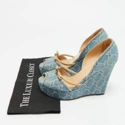 Pre Owned Gucci GG Size 38.5 Blue Bamboo Peep Toe Wedge Pumps