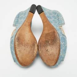 Pre Owned Gucci GG Size 38.5 Blue Bamboo Peep Toe Wedge Pumps