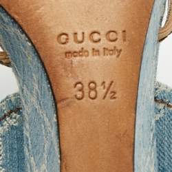 Pre Owned Gucci GG Size 38.5 Blue Bamboo Peep Toe Wedge Pumps