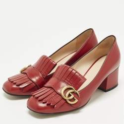 مملوكة مسبقًا Gucci GG Marmont Fringe Red Leather Block Heel Pumps Size 38