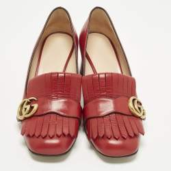 مملوكة مسبقًا Gucci GG Marmont Fringe Red Leather Block Heel Pumps Size 38