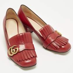 مملوكة مسبقًا Gucci GG Marmont Fringe Red Leather Block Heel Pumps Size 38