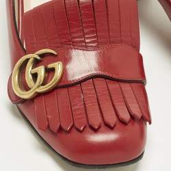 مملوكة مسبقًا Gucci GG Marmont Fringe Red Leather Block Heel Pumps Size 38