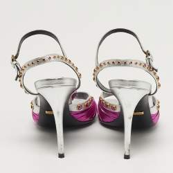 مملوكة مسبقًا Gucci Size 35 Metallic Silver/Pink Leather Knot Ankle Strap Sandals