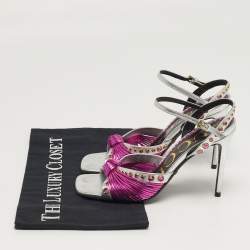 مملوكة مسبقًا Gucci Size 35 Metallic Silver/Pink Leather Knot Ankle Strap Sandals